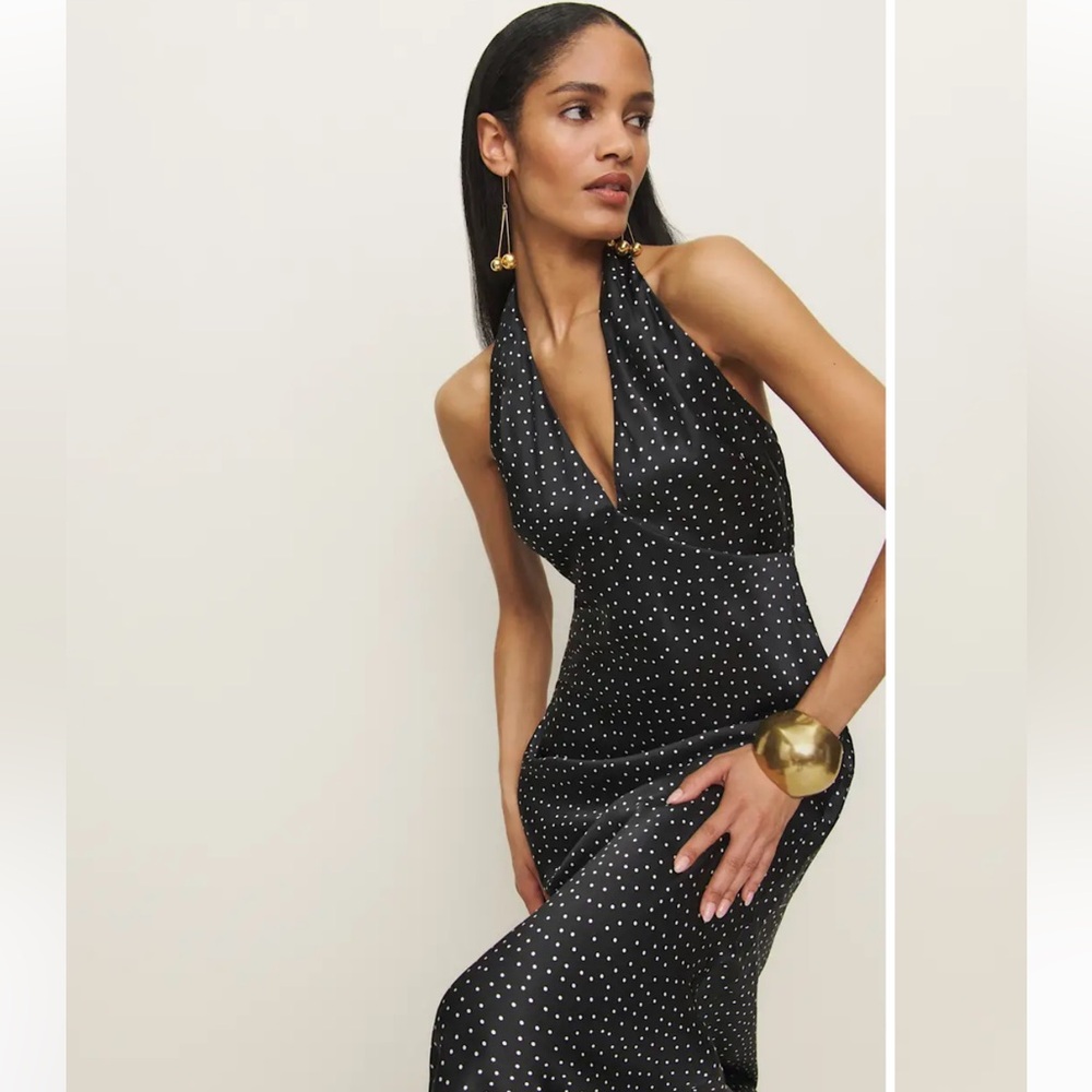Reformation Black Polka Dot Halter Slip Dress - Picture 2 of 5